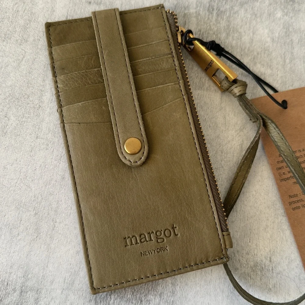 Margot Olive Green -grey slim leather Card case wallet wristlet